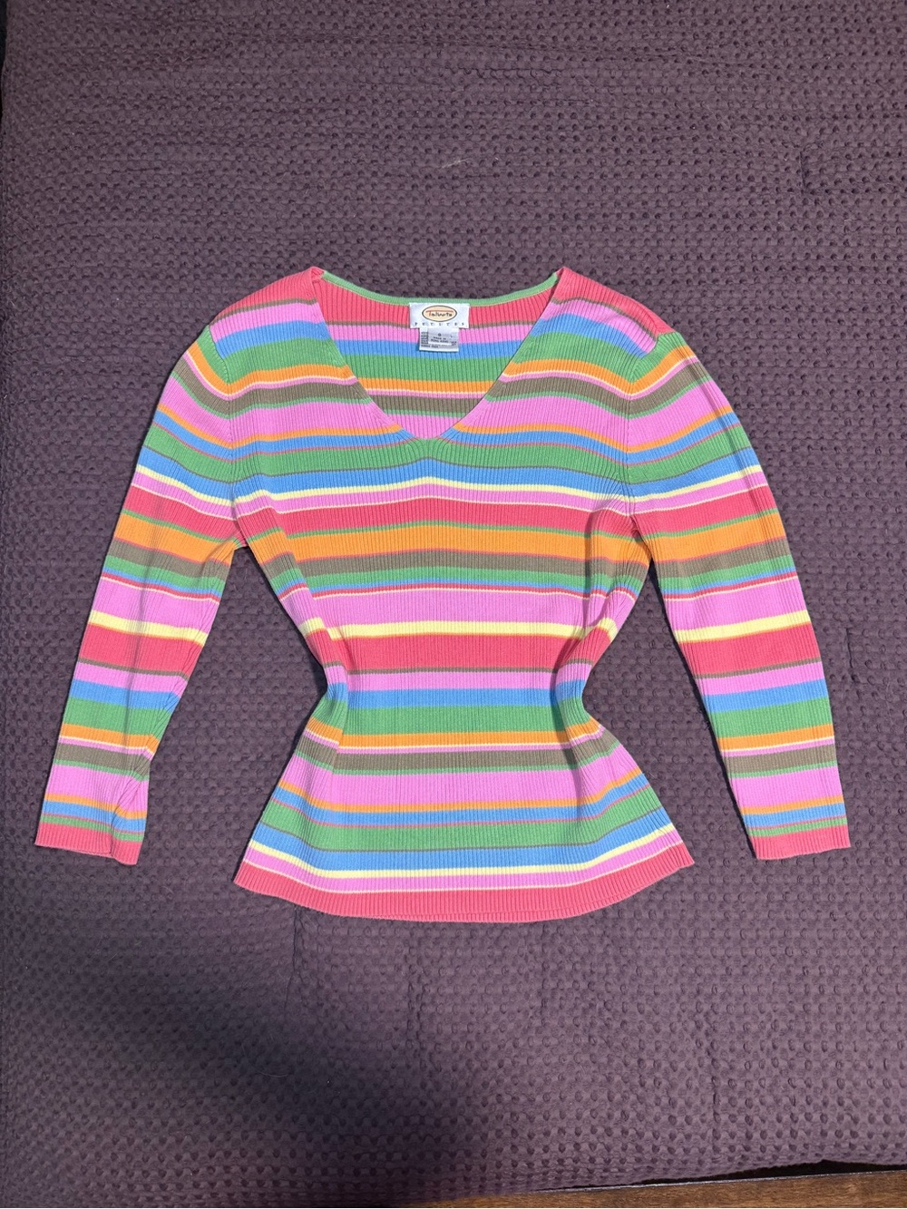 Talbots Multicolor Striped V-Neck Ribbed Top